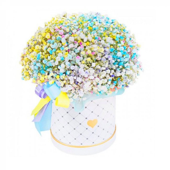 Букет цветов "Шляпная коробка с разноцветной гипсофилой"